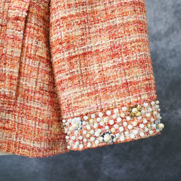 NWT Chico's Tweed Orange Boucle Pearl Sequin Collar Jacket Size 3 US Size L